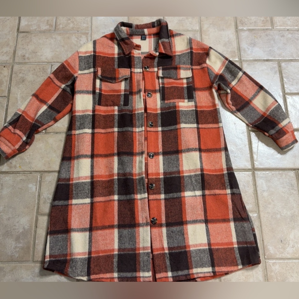 Plaid Button-Up Jacket - Orange, Brown, Cream